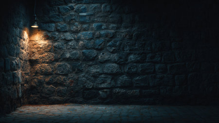 The scene features a dark stone cellar, dramatically lit by a golden spotlight, highlighting rough textures and shadows.の素材