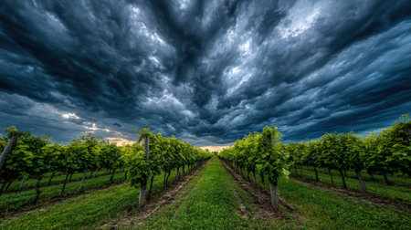 Grapes grow in neat rows beneath a dramatic sky, showing the beauty of harvest season in a lush vineyard.の素材