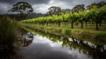 Vineyard rows glisten under dark clouds after a rainstorm, with reflections in calm water enhancing the moody atmosphere.の素材