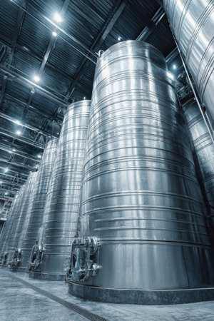 Stainless steel tanks reflect light in a clean industrial winery, highlighting advanced wine production technology and an organized workspace.の素材
