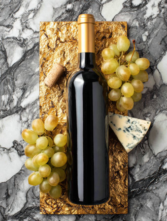 Display features a wine bottle alongside a golden cheese board, fresh grapes, and blue cheese on a stylish marble surface.の素材