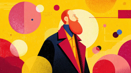 Bearded man dressed in a stylish coat poses against a bright, colorful background featuring geometric shapes and modern hues.の素材
