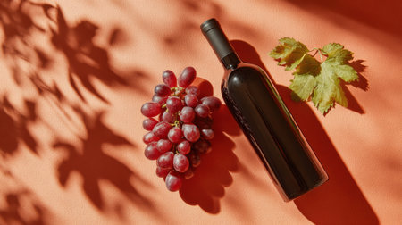 A top view captures a wine bottle and ripe grapes surrounded by dramatic shadows, showing an elegant and simple arrangement.の素材