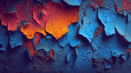 Close-up view of colorful, cracked paint on an old wall, showcasing a mix of blue, orange, and other tones in an abstract design.の素材