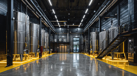 A modern winery showcases black steel tanks illuminated by a warm glow, highlighting its ultra-clean design and spacious interior.の素材