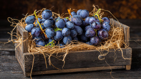 Vibrant bunches of grapes nestled in a wooden crate filled with straw create a rustic scene, emphasizing earthy colors and textures.の素材