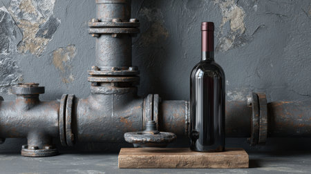 Industrial pipes and valves create a unique backdrop for a wine bottle placed on a wooden base in a contemporary minimal space.の素材