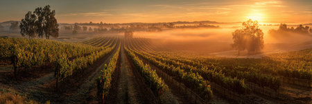 Sunrise illuminates vineyard rows with golden light and soft fog, showing a tranquil wine region landscape.の素材