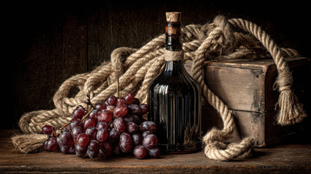 Rustic still life featuring dark grapes beside a bottle and natural rope, arranged on weathered wood for a vintage atmosphere.の素材