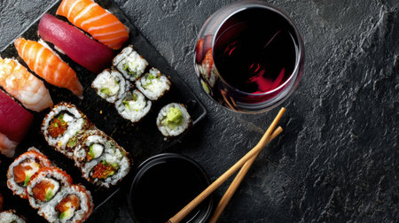 Colorful sushi rolls are beautifully arranged on a black plate alongside a glass of red wine, creating an elegant dining atmosphere.の素材