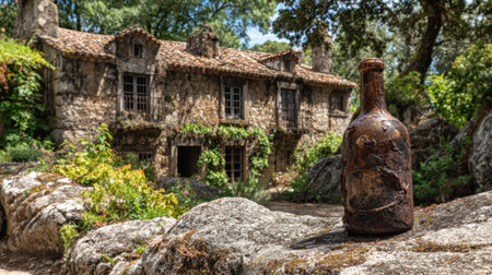 A rustic stone farmhouse sits amidst a vineyard, while a weathered bottle rests on a nearby rock, showcasing natures charm.の素材