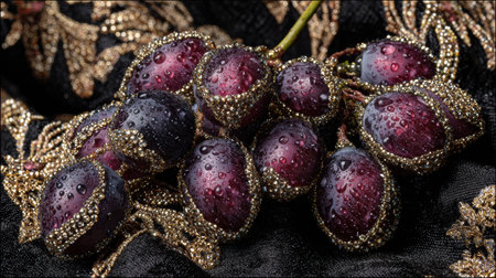 Clusters of dark grapes shine with droplets, resting on rich black velvet adorned with gold accents, creating a feeling of luxury.の素材