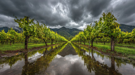 Rain falls on a vineyard after a storm, creating dramatic reflections in the water that collect in rows of lush grapevines beneath dark clouds.の素材