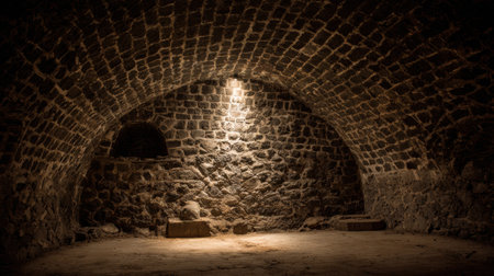 The dark stone cellar reveals an atmospheric space highlighted by a single golden spotlight creating dramatic shadows on the walls and floor.の素材