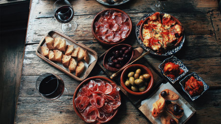Enjoying an array of tapas with wine on a rustic Spanish table creates a warm and inviting atmosphere for dining.の素材