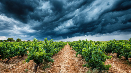 Grapes are ripe and lush in rows beneath an intense sky, capturing the essence of harvest season in a vineyard setting.の素材