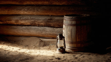 Warm light casts a gentle glow on a wooden barrel and an oil lantern resting on the dusty floor of a rustic barn.の素材