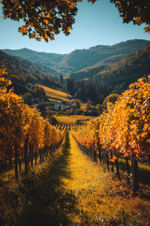Vibrant orange leaves adorn the vineyard as the countryside showcases a beautiful winery season in autumn sunlight.の素材