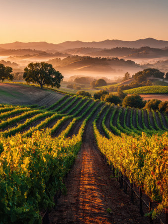 Warm golden light illuminates vineyard rows as gentle fog envelops the peaceful hills during sunrise in the wine region.の素材