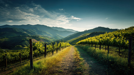 Vineyard hills under striking sunlight offer a serene view, inviting exploration and enhancing the organic wine concept in a peaceful landscape.の素材