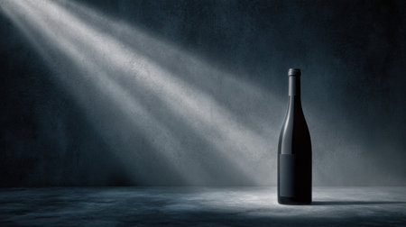 A beautifully designed wine bottle shines under soft light against a dark, minimalist backdrop, creating a serene ambiance.の素材