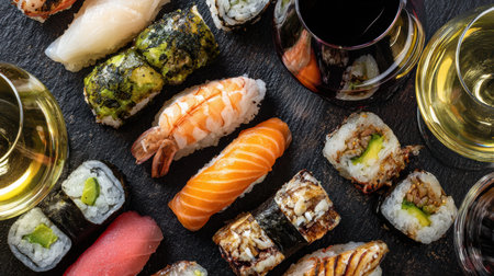 A stylish black table showcases a refined sushi and wine pairing, highlighting various sushi types and elegant wine glasses.の素材