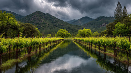 Rain-soaked vineyard showcases dramatic reflections in puddles as dark clouds linger overhead, enhancing the moody aesthetic after the storm.の素材