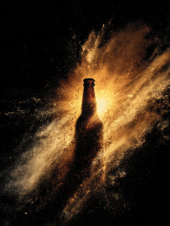 Dramatic golden light radiates behind a bottle silhouette, highlighting its shape against a dark background, perfect for advertising.の素材