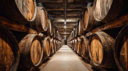 Long corridor of a cellar lined with wooden barrels on both sides, enhancing the rustic charm and inviting exploration of this space.の素材