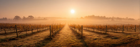 Warm golden light fills the vineyard rows as sunrise breaks, soft fog enhancing the serene landscape of this tranquil wine region.の素材