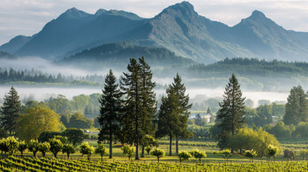 Lush vineyards nestled in a serene landscape, enveloped by fog and framed by majestic mountains in the early morning light.の素材