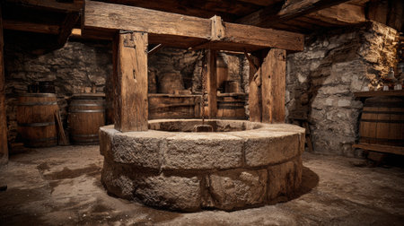Rustic wine press stands in a charming old winery, surrounded by stone walls and wooden barrels, evoking a historical atmosphere.の素材