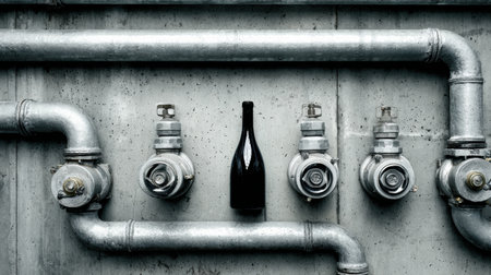 Steel pipes and valves create an industrial backdrop, emphasizing a single wine bottle in a sleek, modern space.の素材