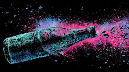 A glowing bottle bursts with vibrant neon splashes in a dark background, capturing the essence of a cyberpunk atmosphere during nighttime.の素材