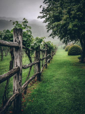 Vineyard with lush green vines and a rustic wooden fence surrounded by misty hills creates a tranquil atmosphere.の素材
