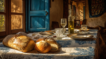 A cozy breakfast table is set with freshly baked bread, wine, and clear glassware, illuminated by warm morning sunlight in a rural space.の素材