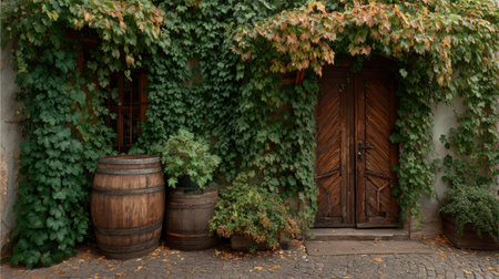 Lush grape vines cover an old wooden door next to wine barrels, creating a cozy and inviting atmosphere in a rustic outdoor space.の素材