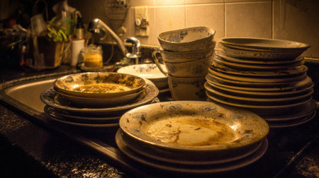 A cluttered sink filled with dirty dishes, messy plates, and remnants of food, all shown in dim kitchen lighting.の素材