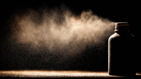 A bottle silhouette glows against a dark background, with delicate dust particles enhancing its elegance.の素材