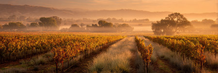 Warm golden light bathes vineyard rows at sunrise, creating a serene and peaceful landscape shrouded in soft morning fog.の素材