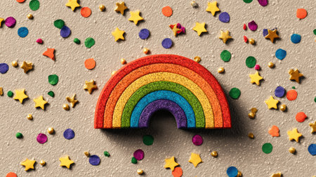 Bright wooden rainbow toy sits in the center with colorful confetti and gold stars scattered around on a soft neutral background.の素材