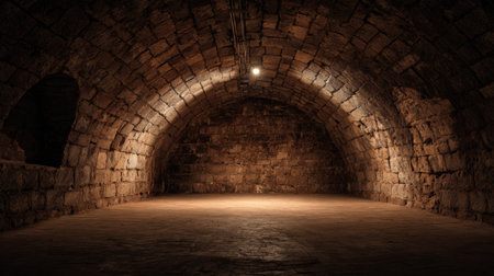 In a dark stone cellar, a single golden spotlight casts a warm glow, highlighting the textured walls and creating a dramatic atmosphere.の素材