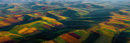 Vast vineyard fields create a colorful patchwork across rolling hills, illuminated by bright sunlight, showcasing an eco wine concept.の素材