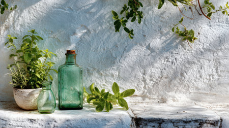 Vintage glass bottles stand beside fresh herbs on a sunlit whitewashed wall, capturing the essence of a tranquil Greek island setting.の素材