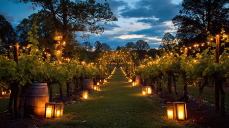 Grape rows in a vineyard glow under golden lanterns, casting a warm light against the night sky, perfect for evening walks.の素材