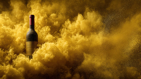 A wine bottle rises through swirling golden smoke, exuding an aura of mystery and luxury, captivating the feelings with elegance and charm.の素材