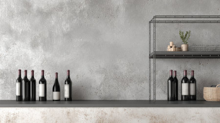 A neat arrangement of wine bottles on a metal shelf showcases a modern, simple design against a weathered concrete wall.の素材