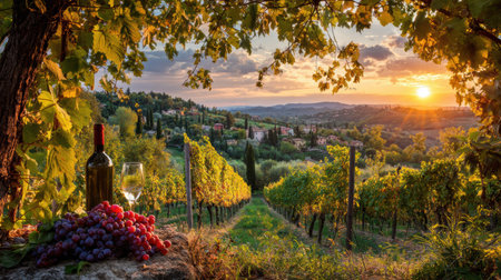 Sunset casts a golden hue over a hillside vineyard in Italy, showcasing a bottle and fresh grapes in the foreground.の素材