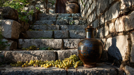 Sunlight filters down onto a rustic stone stairway adorned with fresh grapes and an antique bottle, creating a peaceful atmosphere.の素材