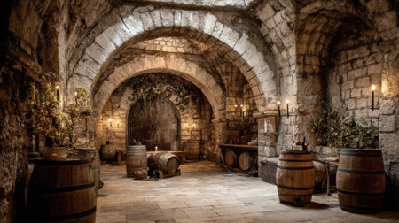 This rustic wine cellar showcases beautiful stone walls and wooden barrels arranged to create a cozy, cinematic atmosphere perfect for tastings.の素材